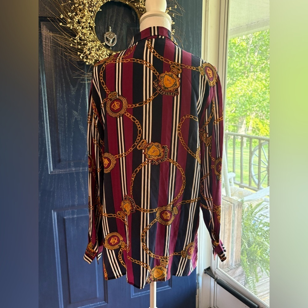 WinterSilks Burgundy Striped 100% Silk Blouse Women’s size 8 - Picture 4 of 12